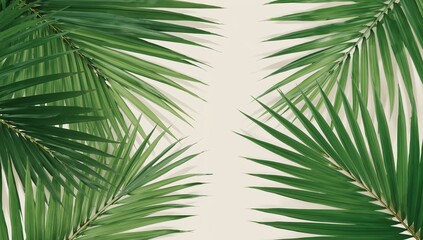 Obraz premium Tropical Green Palm Leaves Frame on Light Beige Background, Natural Decoration.