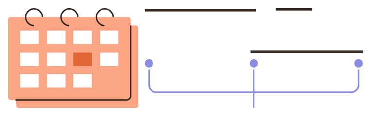Calendar grid with highlighted day alongside simple timeline structure showing relationships between events. Ideal for planning, scheduling, management, coordination, organization, strategy