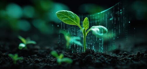 The vibrant plant emerging with digital technology and binary code effects.