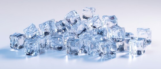 The Transparent Ice Cubes Rest on a Bright Studio Surface with Reflections