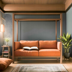 Fototapeta premium A cozy living room featuring an orange sofa with an open book, complemented by plants and warm lighting, creating a serene interior space.