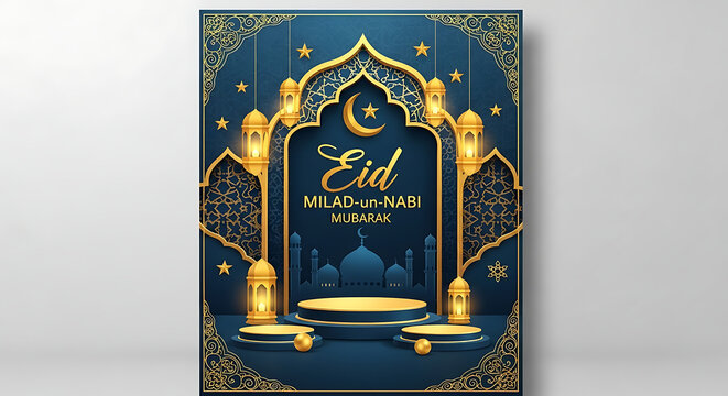 Eid miladunnabi poster with golden arch and lantern design isolated on white background