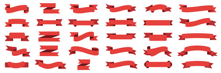 Set of various elegant red ribbon banner vector illustrations for marketing or celebration elements and design purposes isolated on white background
