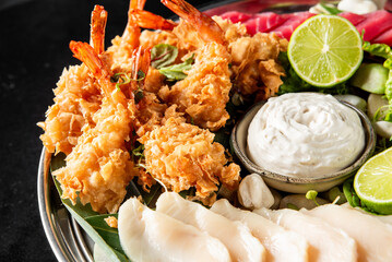 Assorted seafood platter with fried shrimp, sashimi, lime slices, creamy dipping sauce, and fresh greens, served on a white plate in close-up