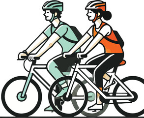 Couple Riding Bikes Teal Green Orange Helmets Illustration