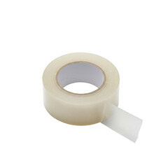 New, unused, transparent double-sided adhesive tape roll with a translucent white core, on a transparent, seamless, isolated studio background with bright, diffused, shadowless lighting, concept of