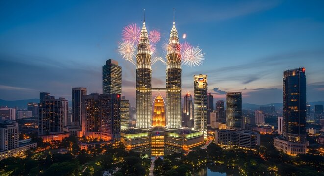 Kuala Lumpur City Skyline with Fireworks and Malaysian Flags