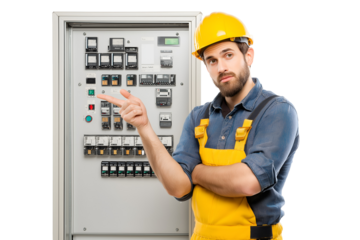Engineer in yellow safety gear pointing at control panel in professional industrial environment on transparent background