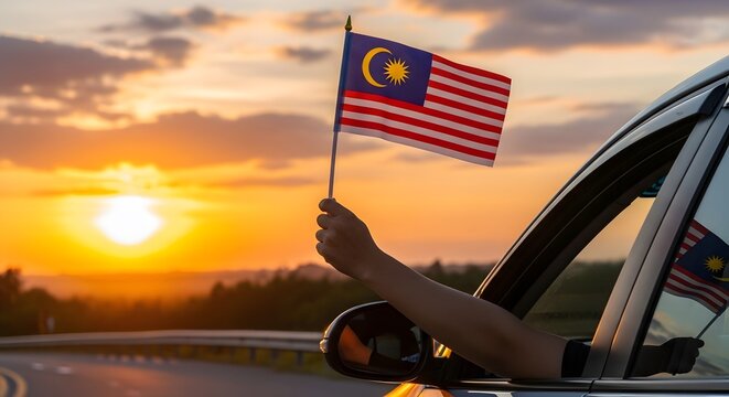 Malaysian Flag Waving from Car Window at Sunset