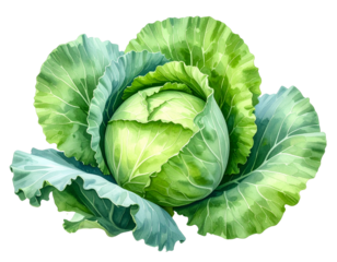 Watercolor Illustration of Fresh Green Cabbage with Loose Outer Leaves, Artistic Style, Isolated PNG