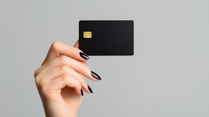 hand with minimalist manicure holding a sleek blank black credit card, isolated on gray  background.