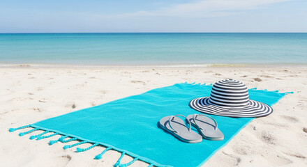 Obraz premium Turquoise beach towel, striped hat, gray flip-flops on sandy beach, ocean background. Summer vacation scene, evokes relaxation and escape