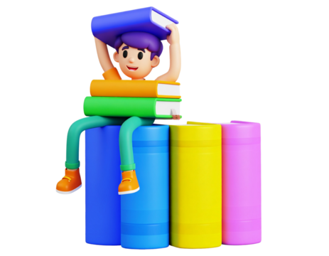 3D Student-Style Cartoon Character Sitting on Stack of Books While Reading, Playful Concept, Isolated PNG