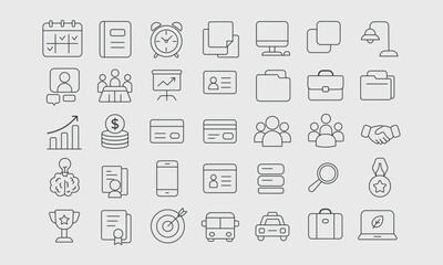 Fototapeta premium Set of 50 flat vector business icons in a line art style. Includes themes of planning, teamwork, finance, office tools, technology, success. Perfect for UI UX, web, apps, and presentations.