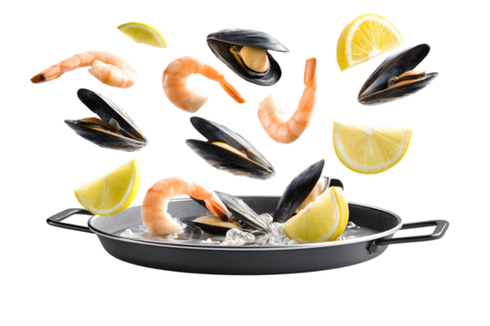 Floating seafood platter with mussels, shrimp, and lemon on a transparent background