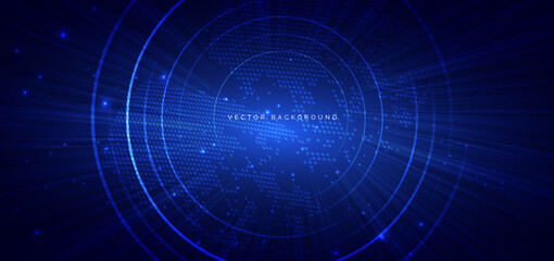 Technology futuristic blue circles lines glowing with dot lines on dark blue background.