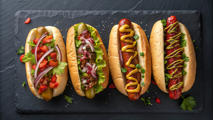 Gourmet hot dogs on the right side against a dark, textured slate background. Each hot dog is nestled in a lightly toasted bun and is uniquely garnished with a variety of colorful toppings.