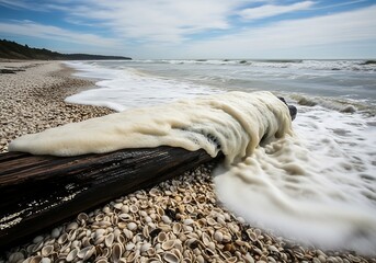 Sea foam covers a weathered log on a pebble beach with waves crashing on the shore under a cloudy sky