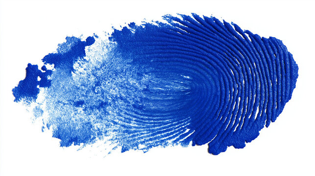 An abstract blue fingerprint paint smear on a white background, symbolizing identity, individuality, and artistic expression through minimal contrast and texture. - Powered by Adobe