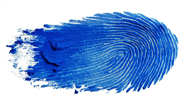 An abstract blue fingerprint paint smear on a white background, symbolizing identity, individuality, and artistic expression through minimal contrast and texture.