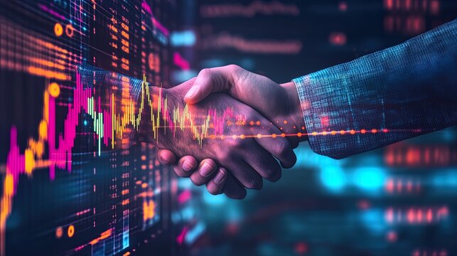 Business handshake with digital binary code background