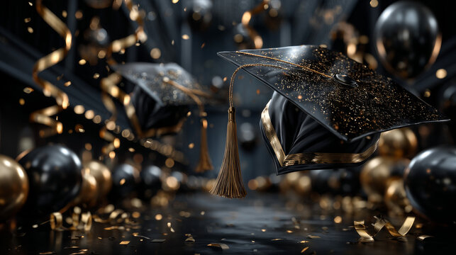 Invitation poster for graduation party. 3d falling graduation caps, golden confetti and serpentine. Vector illustration for decoration social media, banners, posters and graduate ceremony.