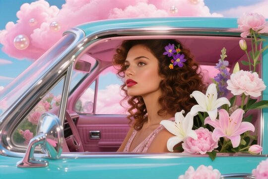 Fototapeta Woman with Flowers in Vintage Car under Pink Sky