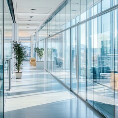 interior of modern office building with glass walls and a bright corridor