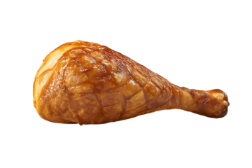 Deliciously prepared golden brown roasted turkey leg on a transparent background