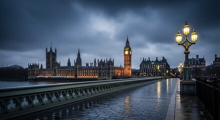 Iconic houses of parliament and big ben illuminated at dusk on a rainy evening, a famous london landmark