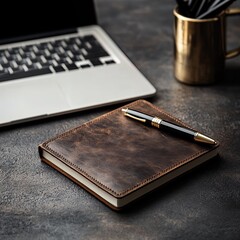 Notebook and pen on wooden table with open pages and planner