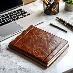 Leather notebook with pen and glasses on table