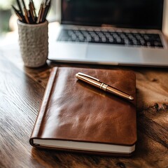notebook and pen on a wooden table