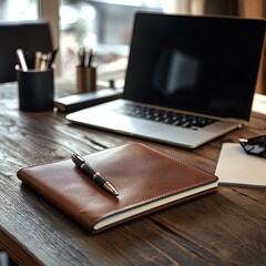 Business notebook with pen on desk