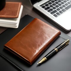 Leather notebook with pen on brown background