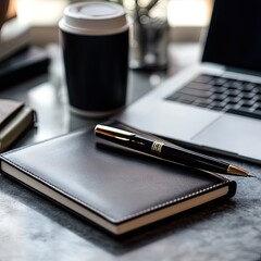 notebook and pen on table with planner and diary