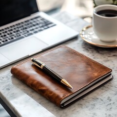 Coffee notebook and pen on office table with cup and laptop