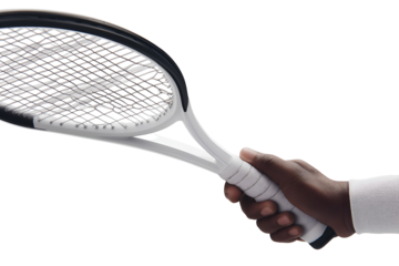 Professional tennis player gripping tennis racket tightly during intense match for optimal control on transparent background