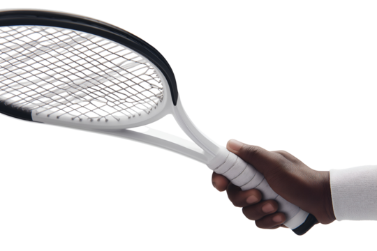 Professional tennis player gripping tennis racket tightly during intense match for optimal control on transparent background