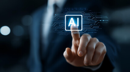 businessman touching virtual screen , AI generative artificial intelligence , technology style 
