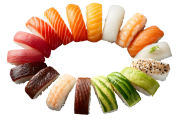 A vibrant assortment of Nigiri sushi arranged in a circular pattern against black