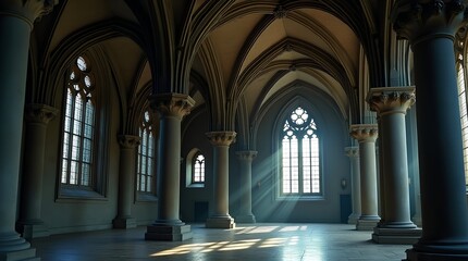 Obraz premium Majestic Gothic hall with high vaulted ceilings and stone columns, sunlight streaming through arched windows creating a historic, grand atmosphere.