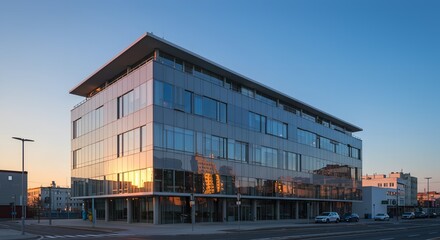 Obraz premium Modern Glass Office Building at Sunset Architectural Design & Urban Landscape