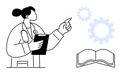 Fototapeta na wymiar Female doctor holds clipboard while pointing at gear wheels, representing education, innovation, and teamwork. Open book symbolizes learning. Ideal for healthcare, science, research, innovation