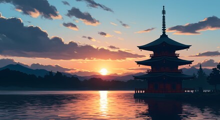 Pagoda Sunset A Tranquil Japanese Landscape with Golden Reflections and Traditional Architecture