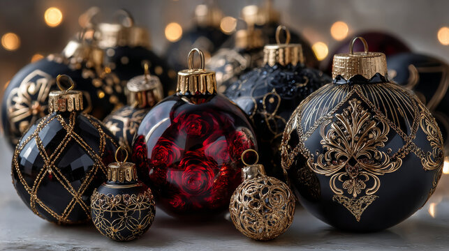 Set of Christmas balls isolated on white background. Holiday golden, red and black balls for festive decoration. Vector illustration.