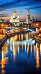 Fototapeta premium View of the Moskva River and Stary Oskol Street Bridge as it is lit up for night time illumination