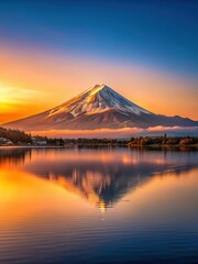 Fuji's peak glows orange as the sun rises over serene Lake Kawaguchiko at dawn