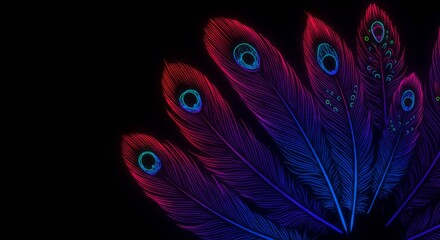Fototapeta premium Abstract Peacock Feathers with Iridescent Glowing Hues on Black Background