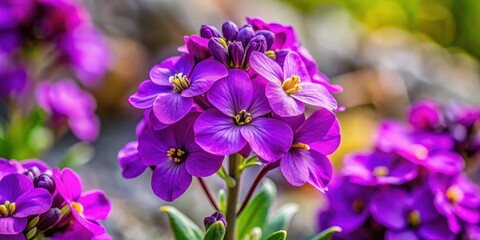 Close-up of vibrant purple alpine wallflower in full bloom with intricate details and colors